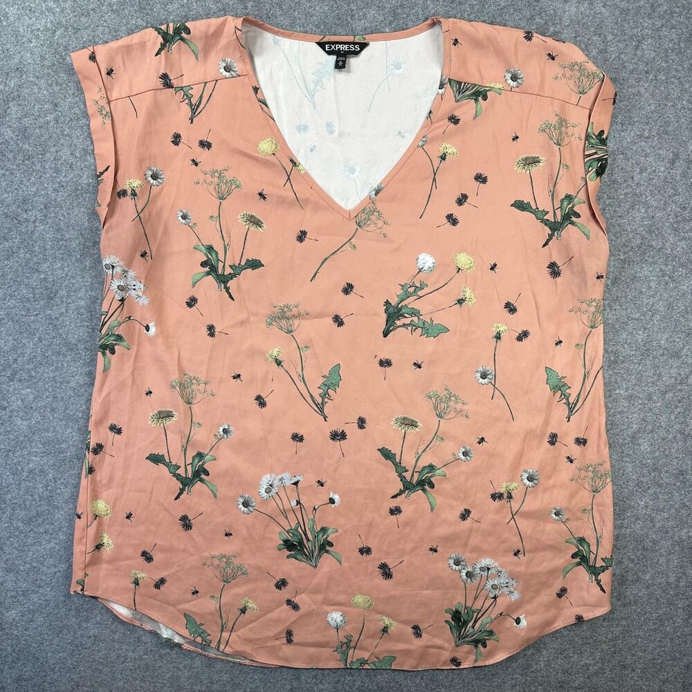 Express Blouse Womens XL Pink Floral Print V Neck Cap Sleeve Lightweight Top - Picture 1 of 9